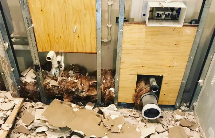 Damaged wall section revealing plumbing and insulation debris, illustrating potential causes of drain blockages and the need for professional drainage services.