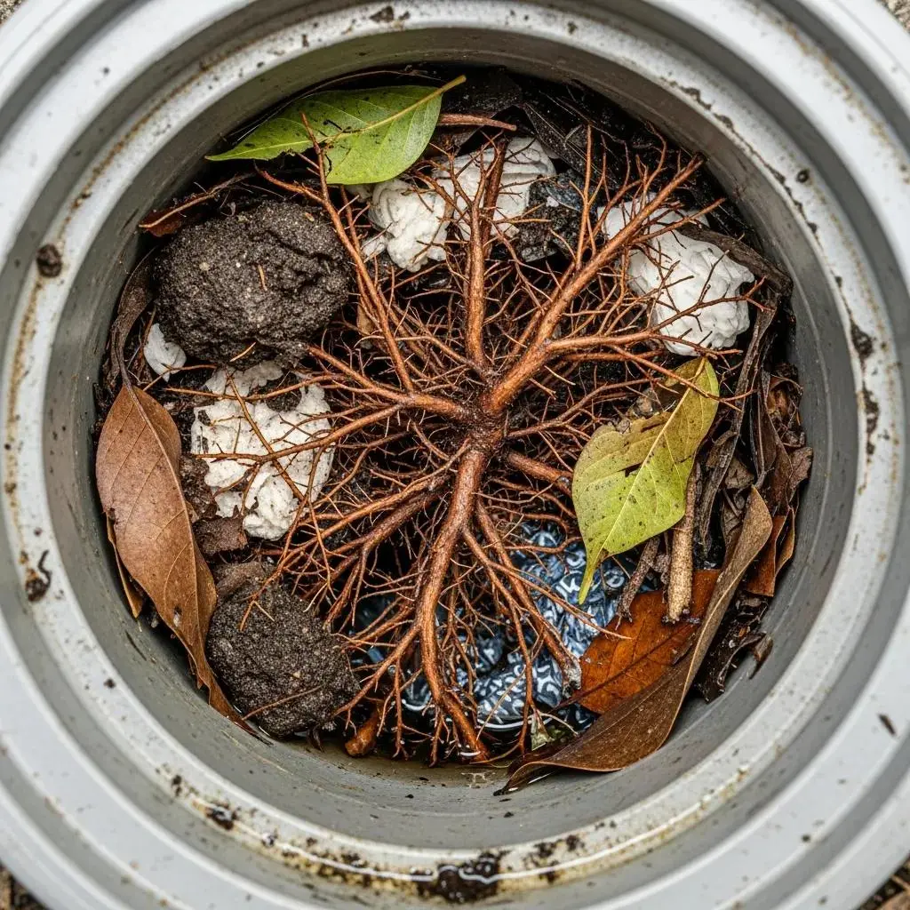 Close-up of a blocked drain showing debris and tree roots