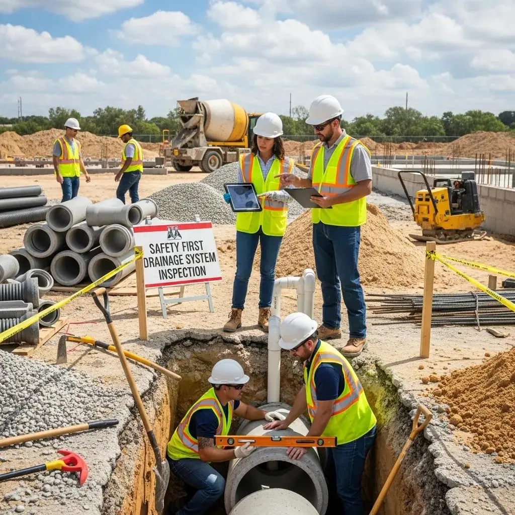 Construction site with workers inspecting drainage systems, illustrating building regulations compliance
